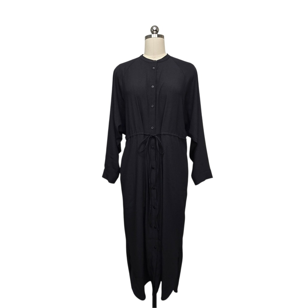 MM LaFleur Black Button Front Drawstring Midi Dress Sz 8 Japanese Fabric Office